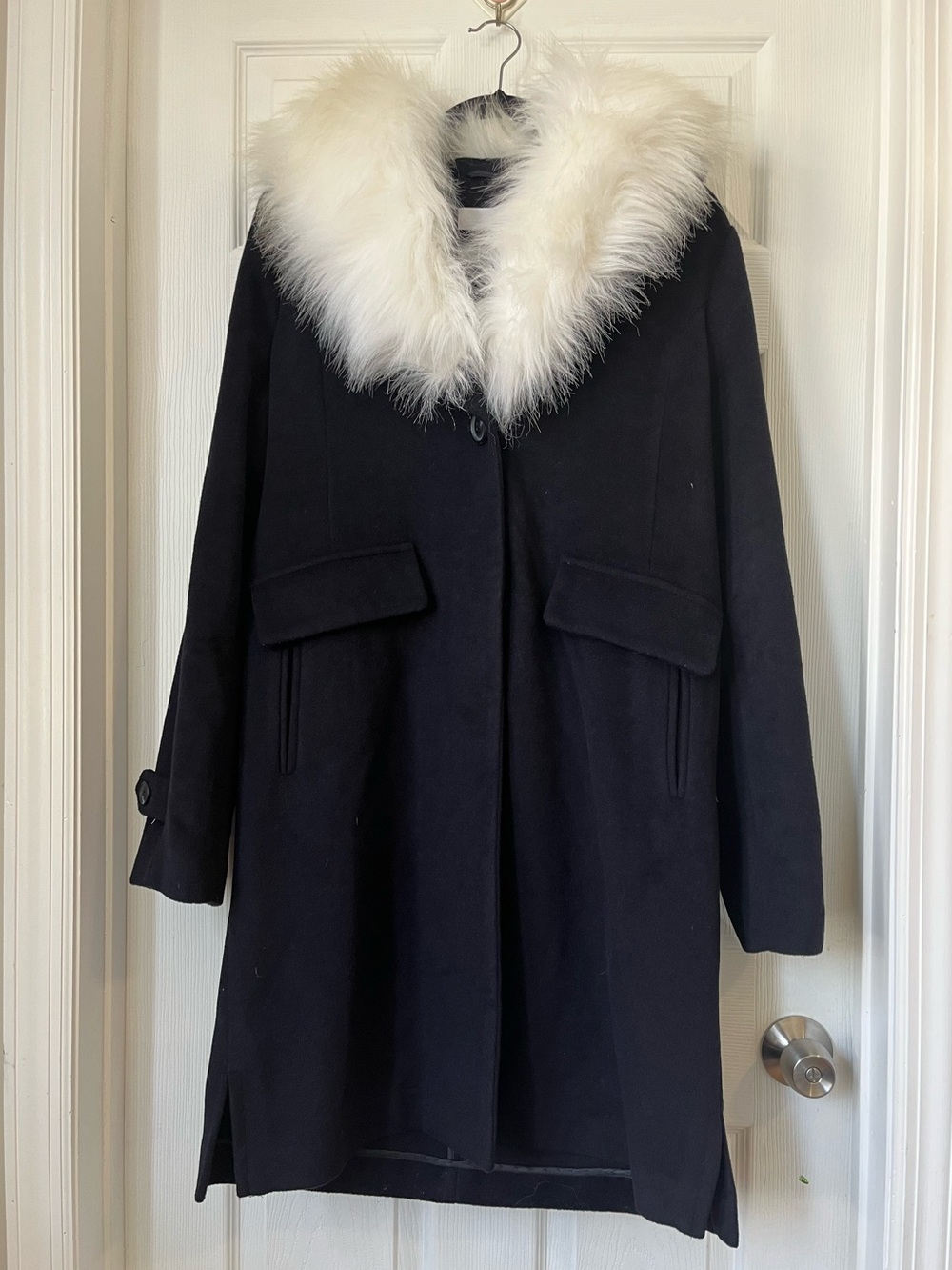 Derek Lam 10 Crosby Wool Blend White Faux Fur Collar black coat jacket size L